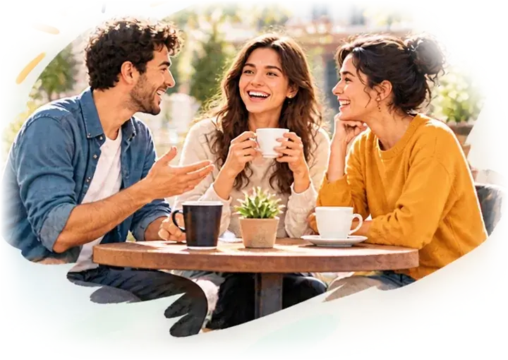 Tres personas compartiendo un café y una charla